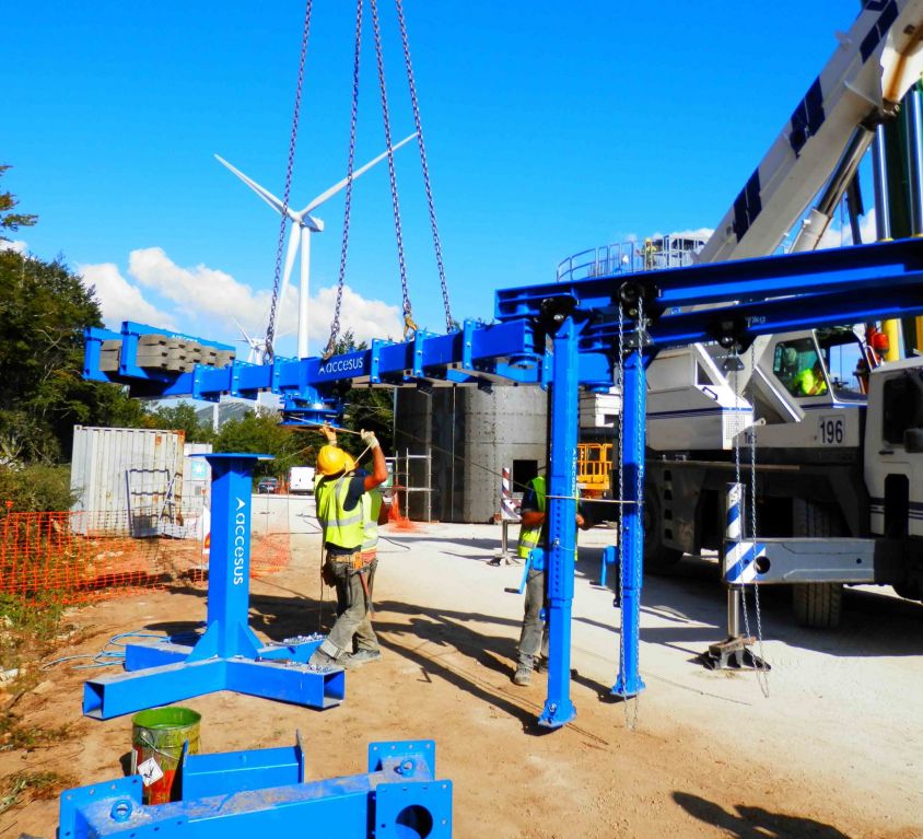 Suspended platform for wind turbine with climbing system